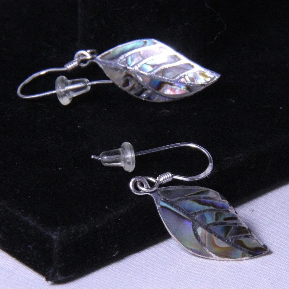 Sterling‎ Silver Abalone Leaf Dangle Earrings 925 Thai Iridescent Paua Shell